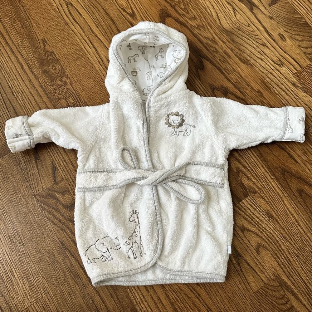 Just Born white terry cloth hooded robe, size 0-9M